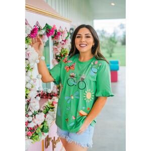 Layerz Blossom Embroidered Green Garden Butterfly Short Sleeve Tee Women XL NEW
